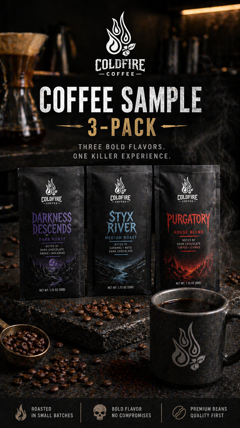 ColdFire Coffee Sampler 3-Pack | Dark Roast, Medium Roast & House Blend